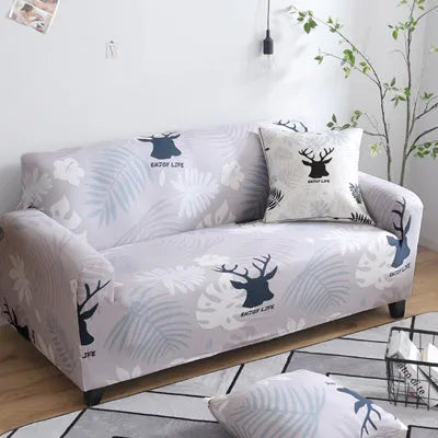 Printed geometric stretch sofa slipcover on double seat sofa in modern simplicity style