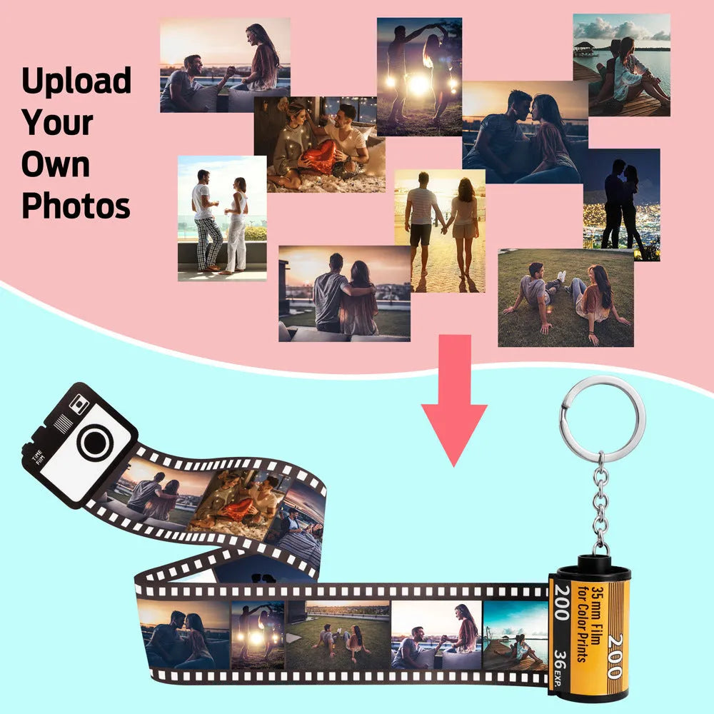 Yellow plastic custom photo keychain with film roll design featuring a personalised picture insert