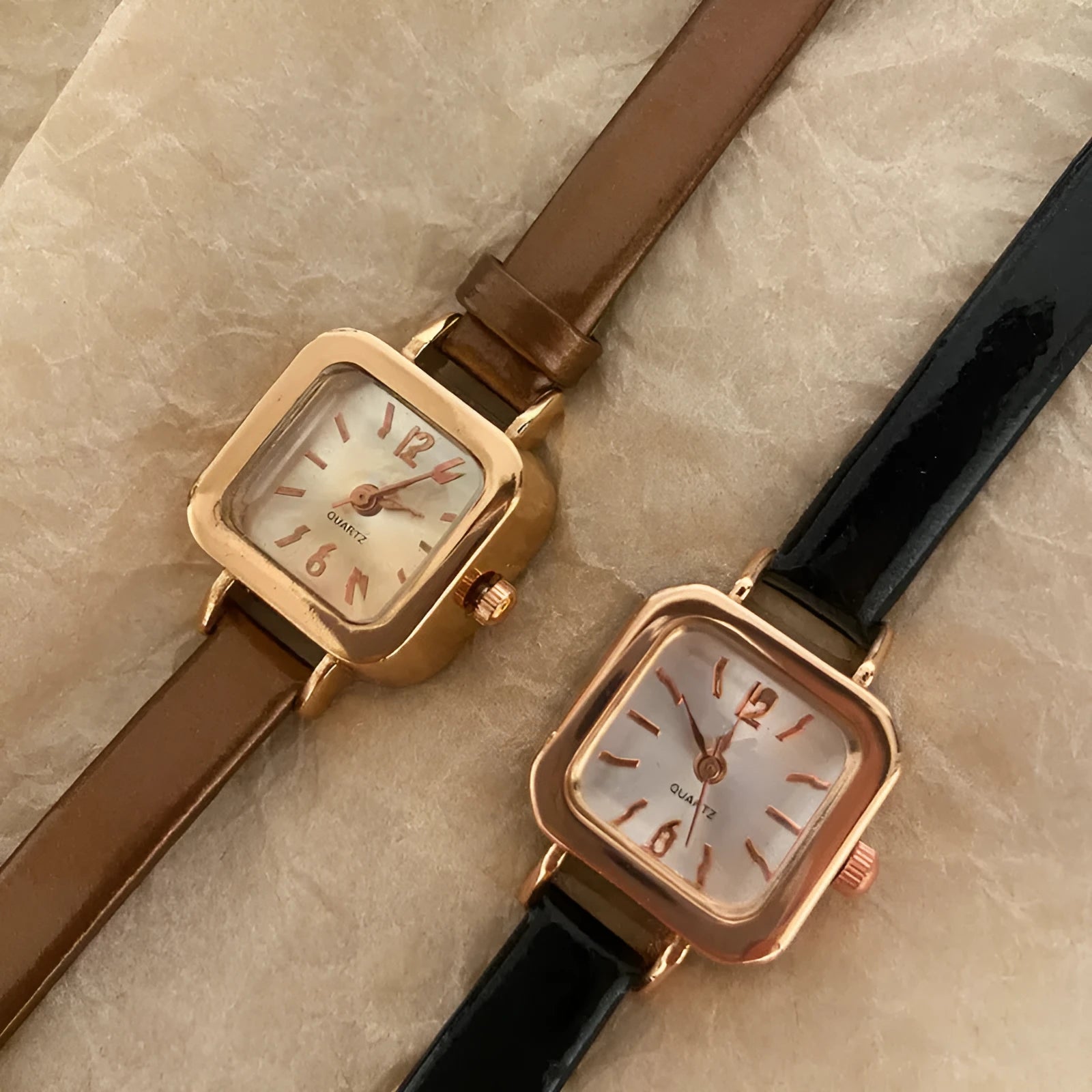 Women's fashion watch with alloy case in 10mm thickness, shown in black, white, pink, and brown colour options.