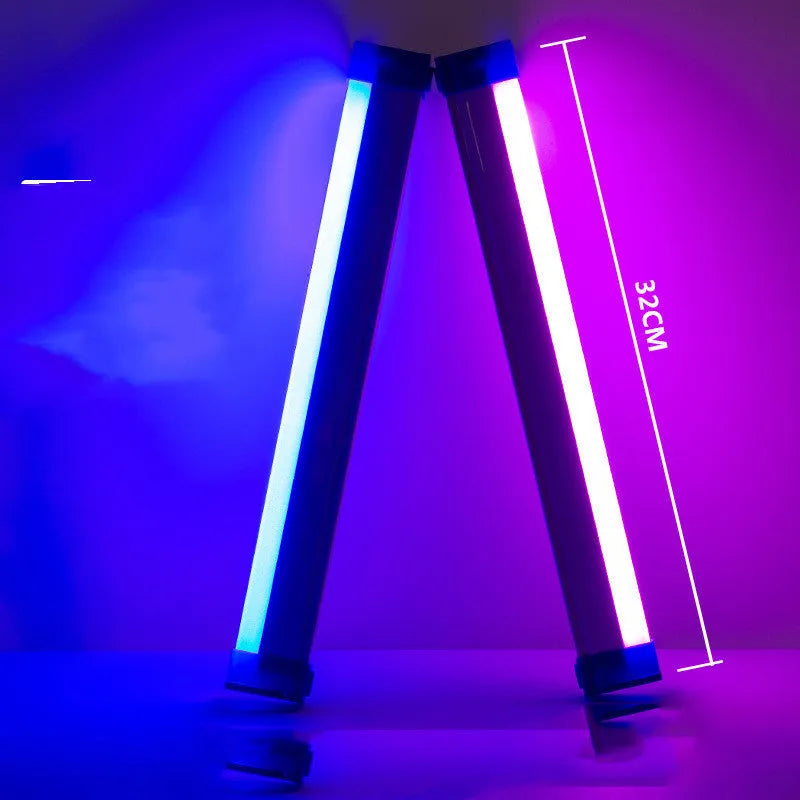 Rechargeable dimmable LED tube light in blue or purple colour showing 17cm, 32cm, and 52cm size options.