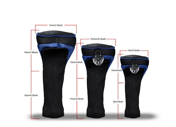 Set of six fabric golf club covers in black, blue, red, and two-tone stripes for driver and fairway wood protection