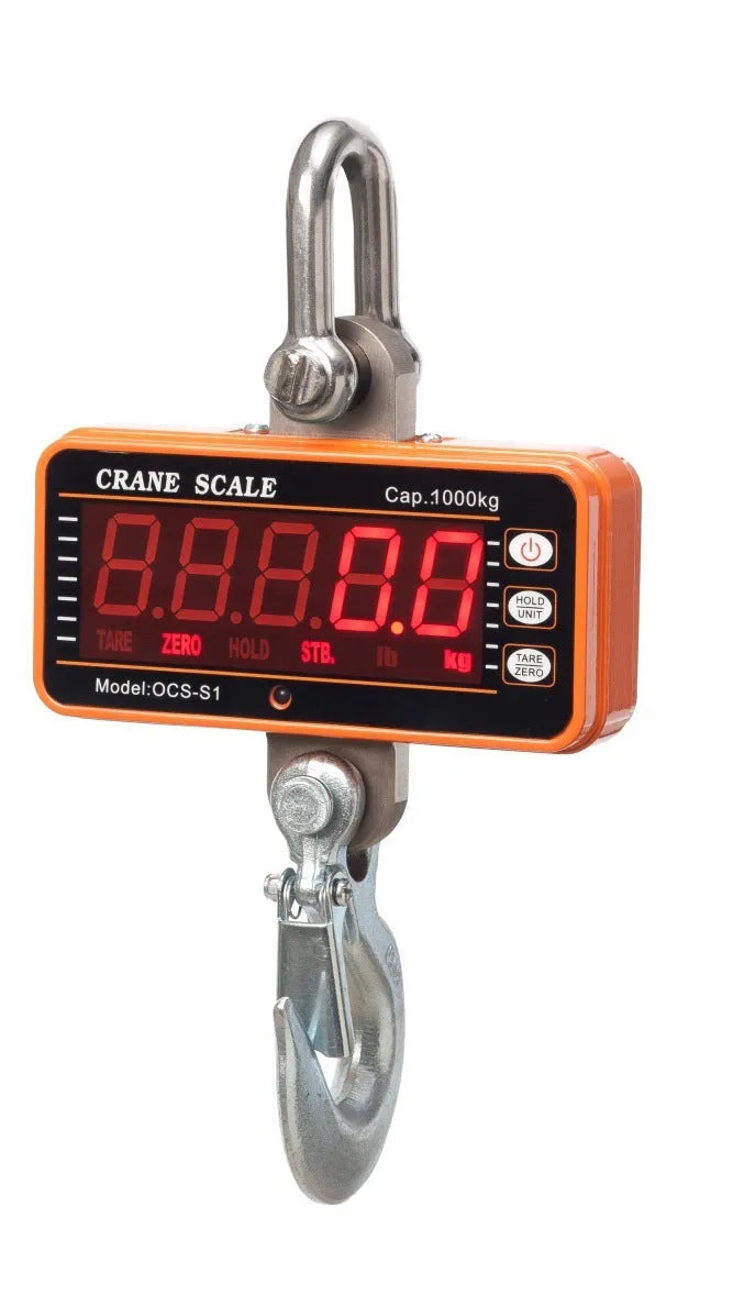 Orange electronic crane scale with digital display for 500 kg capacity weighing