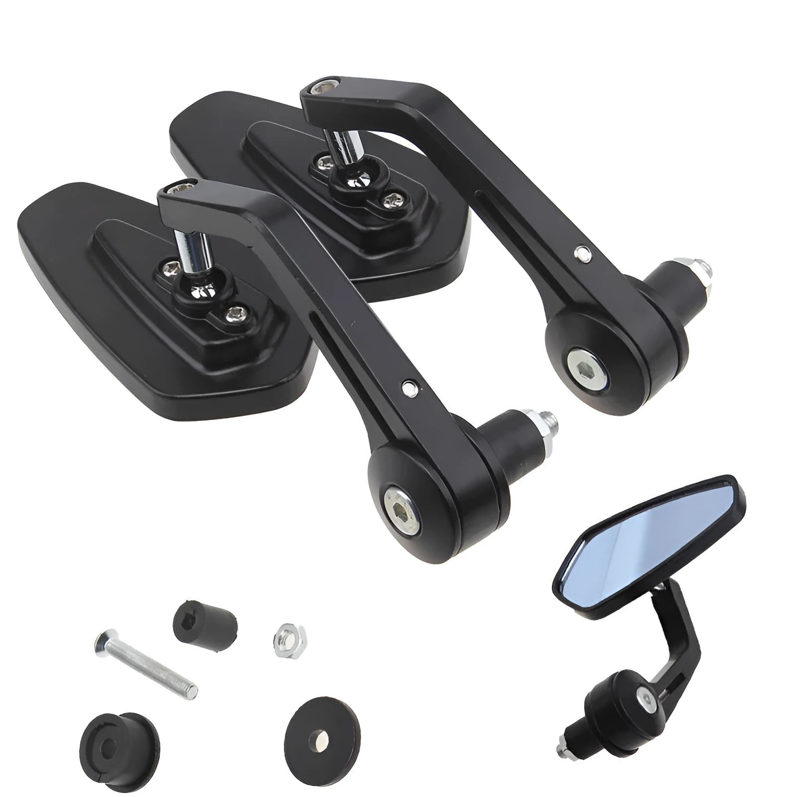 Pair of diamond-shaped aluminium motorcycle rearview mirrors with blue heslan glass on black plug fittings