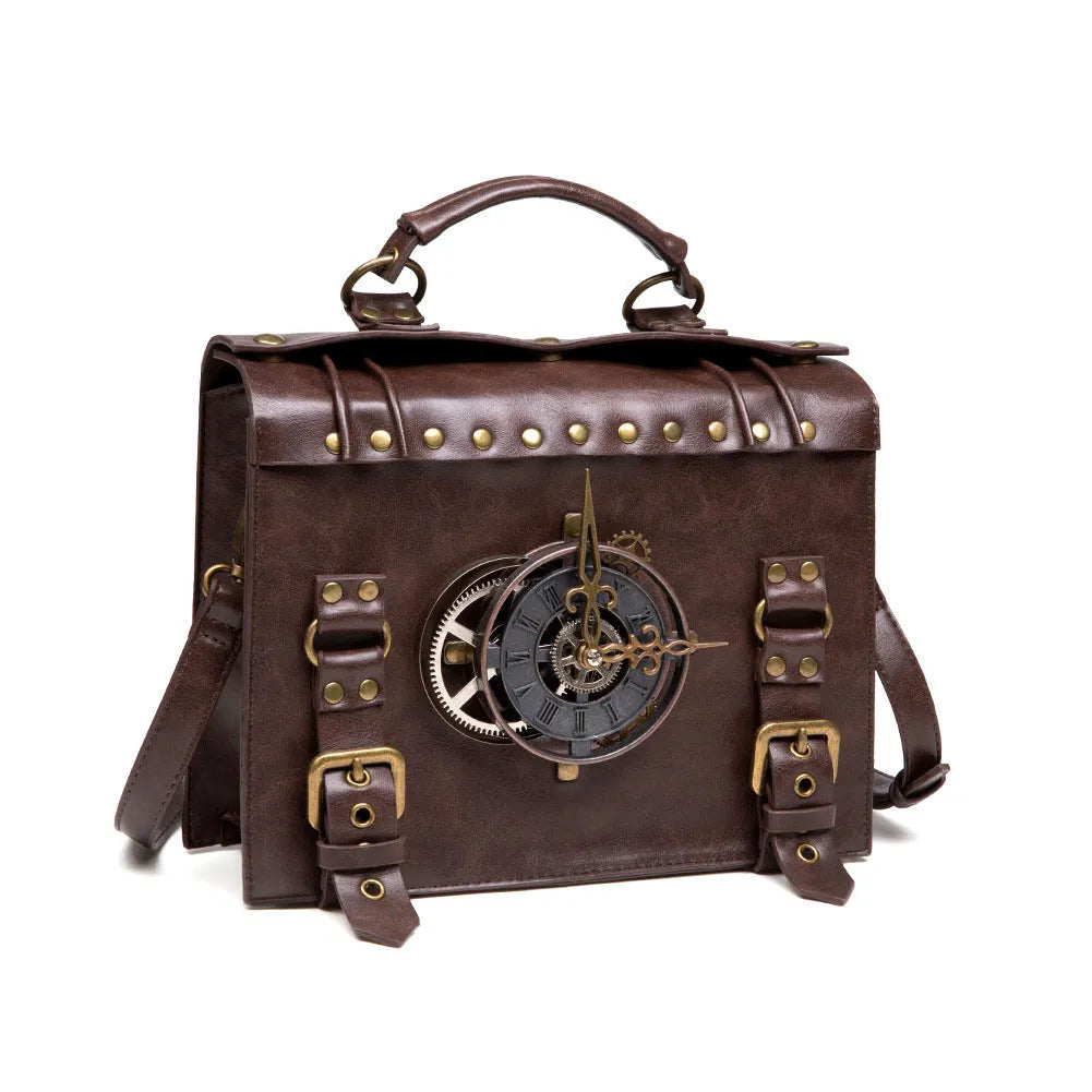 Bronze steampunk industrial retro style shoulder bag with metal hardware and pillow bag shape