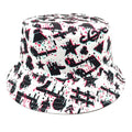White bucket hat with black musical note pattern print, dome crown, and medium size label.