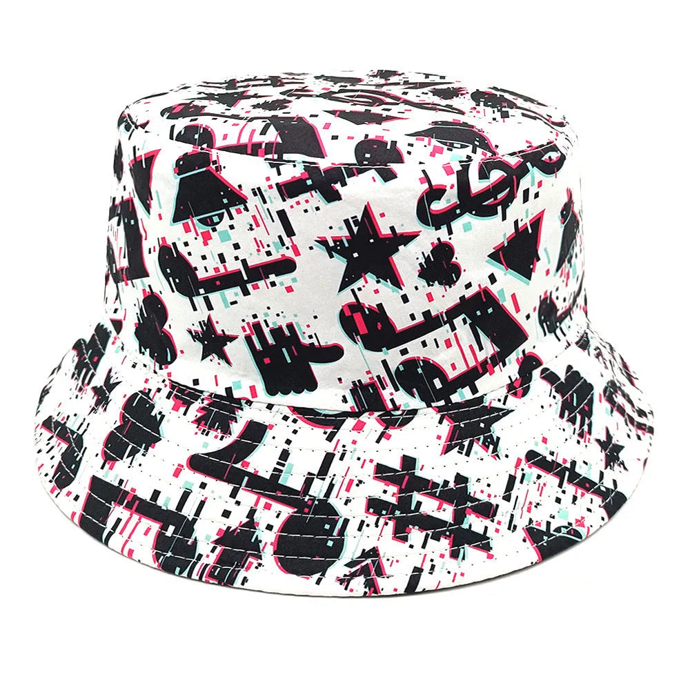 White bucket hat with black musical note pattern print, dome crown, and medium size label.