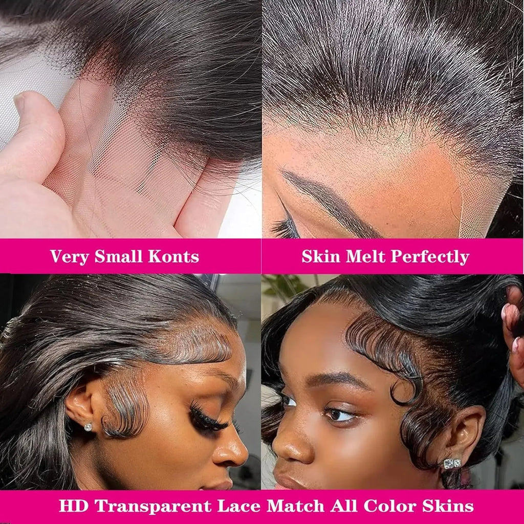 Black synthetic wig with long, wavy hair and a sheer lace front on a mannequin head.