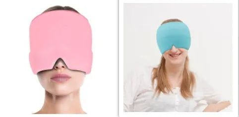 Black elastic cloth gel ice headache relief eye mask showing adjustable headband and cooling gel construction