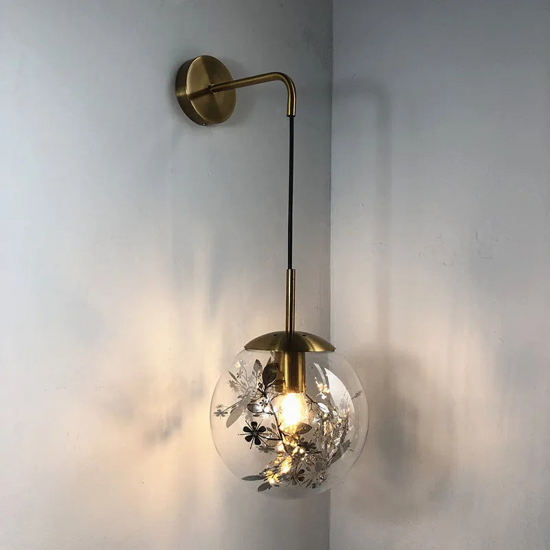 Modern glass wall lamp with metallic finish in Golden Flower or Silver Flower, 15cm or 20cm diameter
