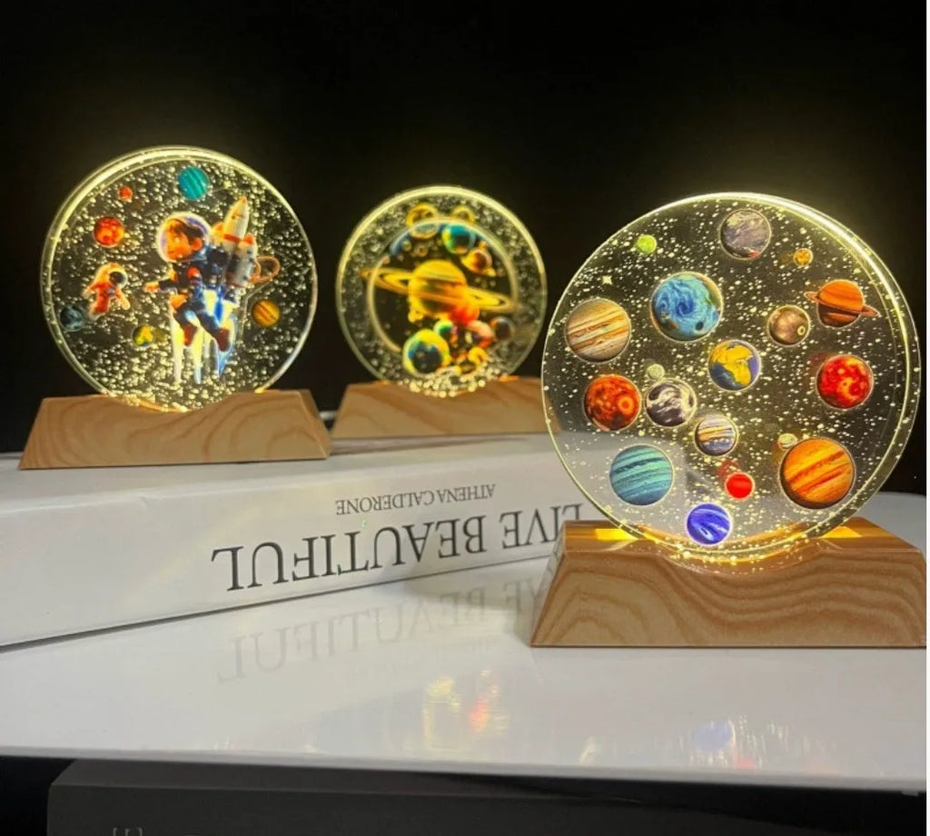 Crystal night light with custom single-sided print on glass ring, epoxy resin construction, Type 7 desk lamp