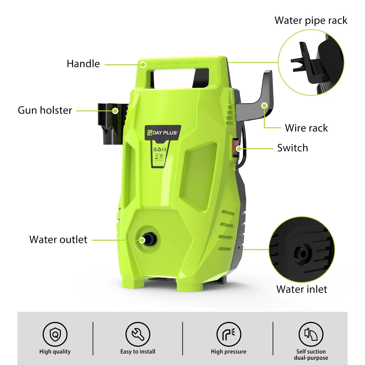 Portable AC high pressure water gun car washer with pure copper motor, shown with EU UK US plug options