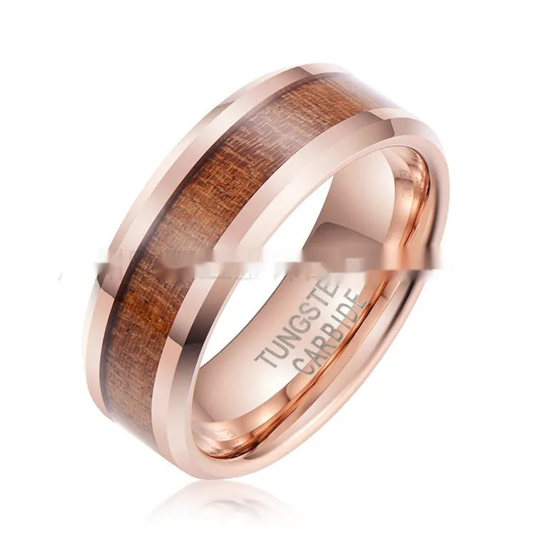 8mm hairline texture tungsten gold men's ring with U-shaped design in rose gold finish