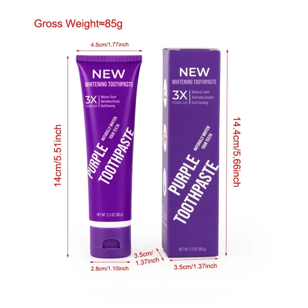 Purple whitening toothpaste tube for adults in 120g and 65g sizes for yellow stain removal.