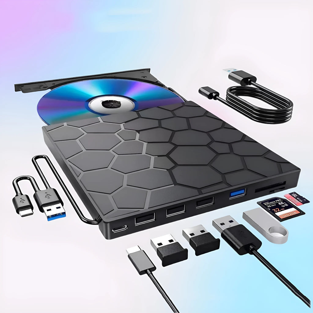 Black external USB CD drive with burner functionality for laptops