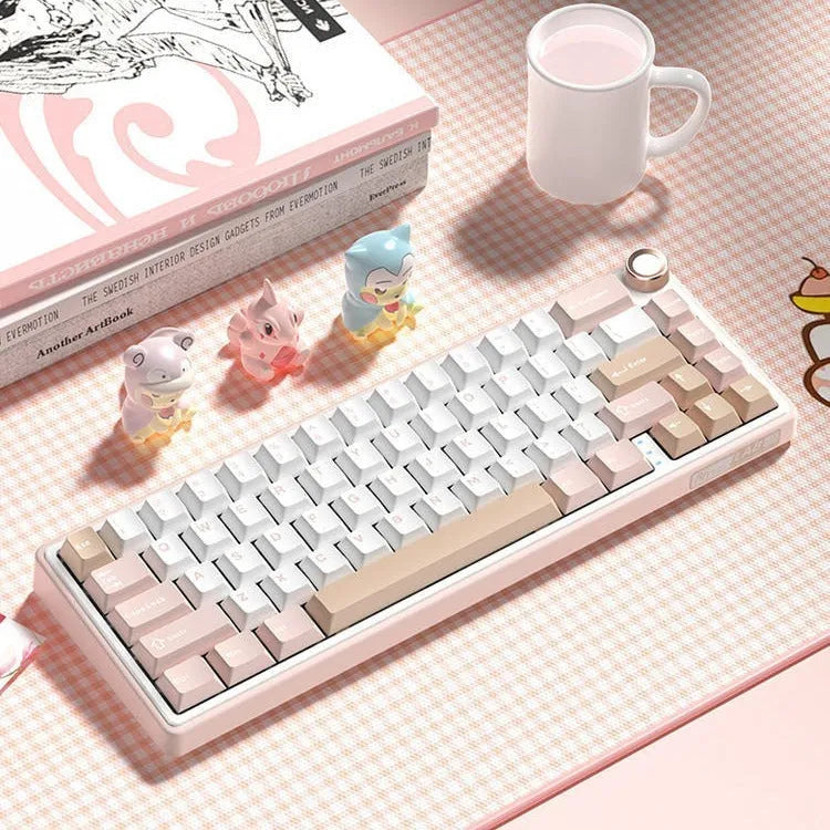 White portable wireless mechanical keyboard with RGB backlighting on a desk