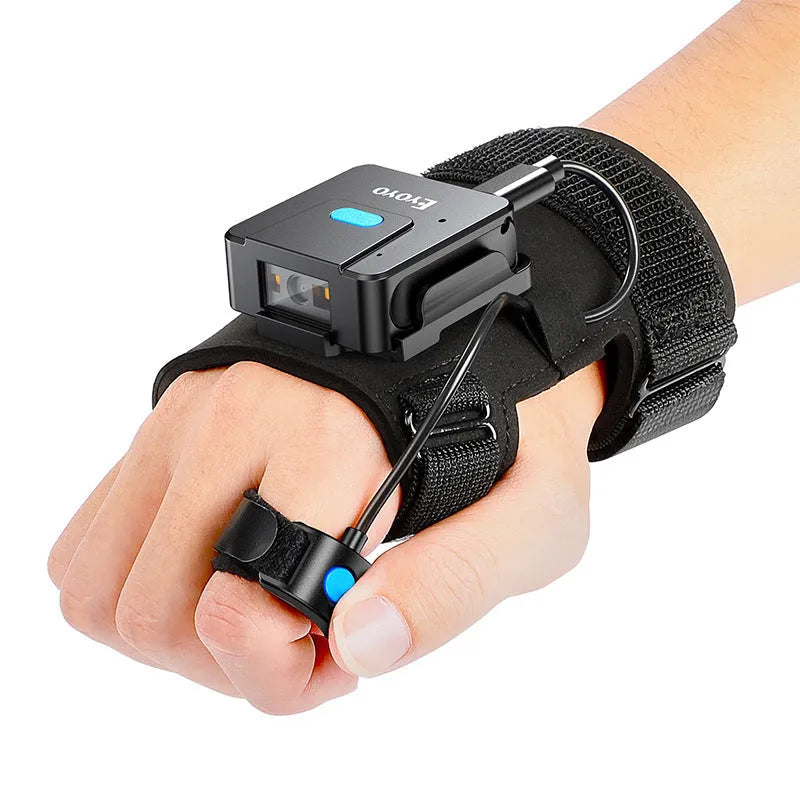 Bluetooth scanning gloves with integrated wrist-mounted barcode reader showing wireless handheld scanner design