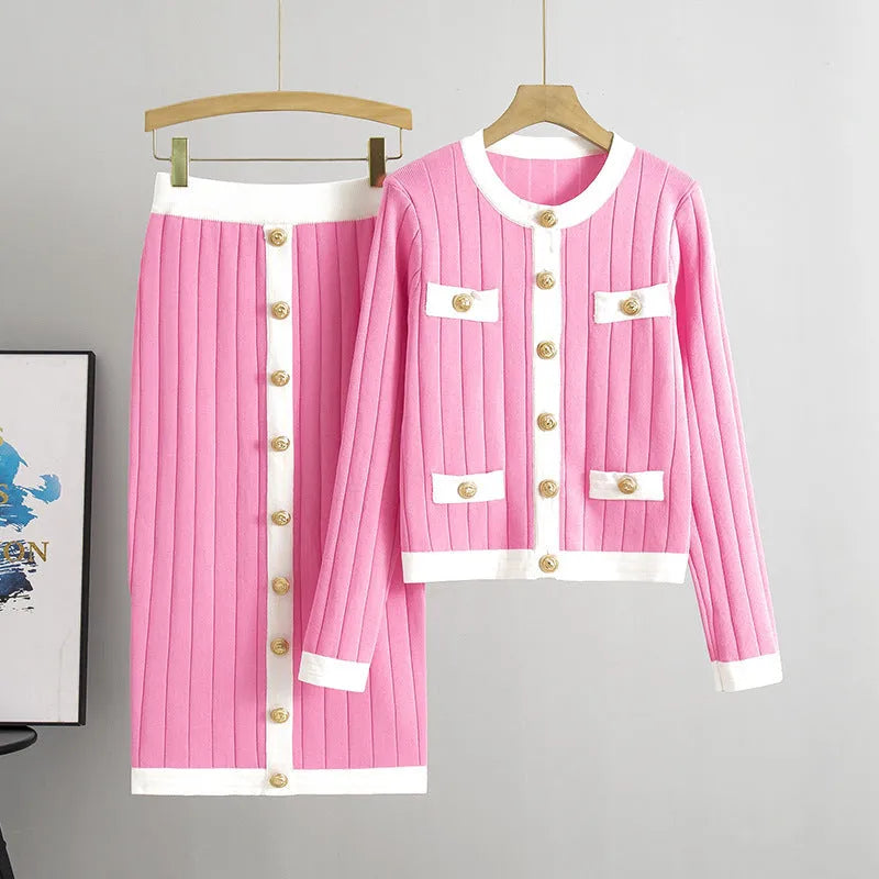 Women's knitted cardigan and skirt two-piece set in colour-block design, available in black, white, khaki, pink, viscose fibre fabric