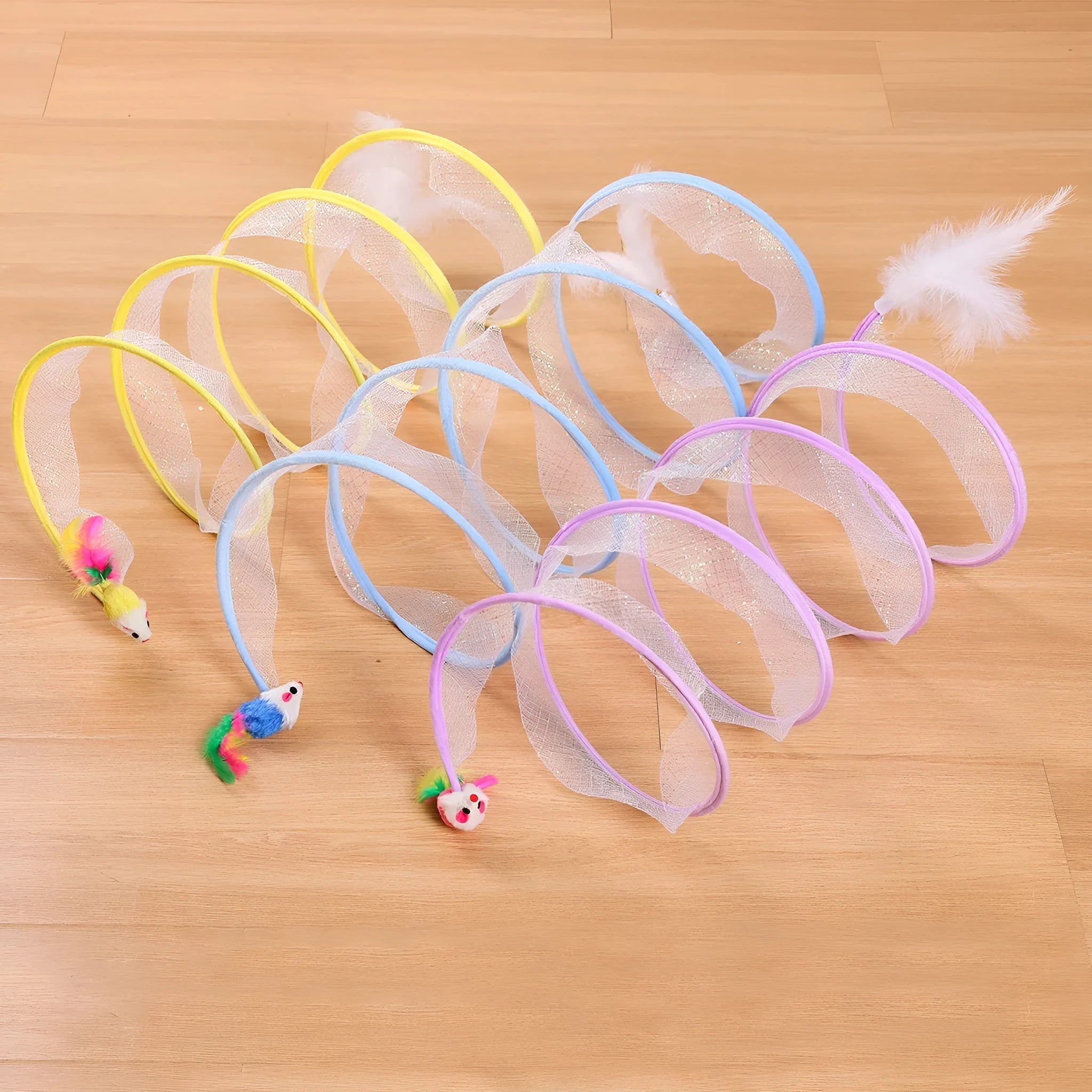 Steel wire frame cat tunnel toy with elastic net material and feather attachments for interactive pet play