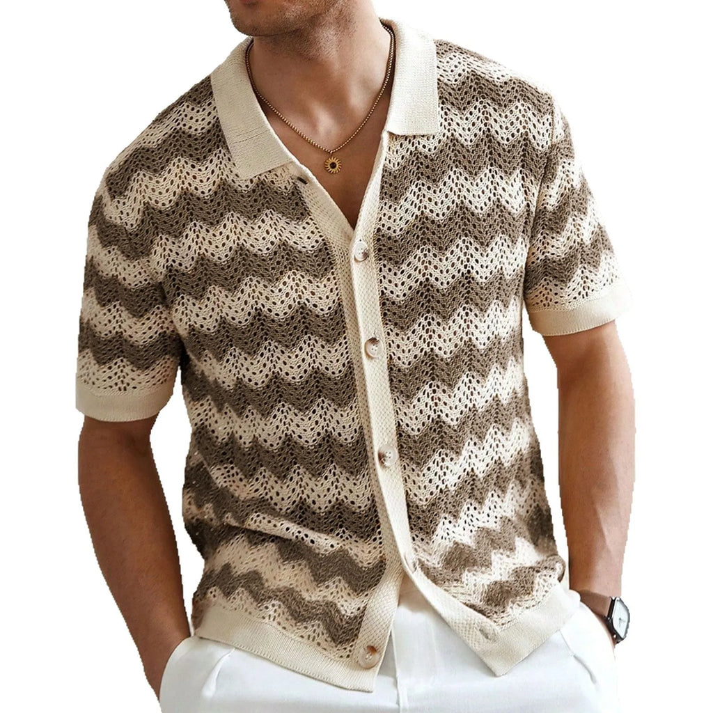 Yellow short-sleeve Tencel sweater with hollow jacquard corrugated texture on a hanger.