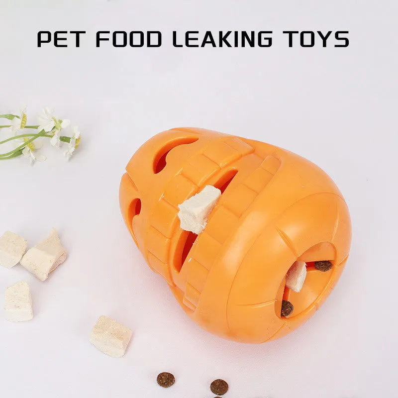 Halloween pumpkin shaped interactive dog chew toy with treat dispensing funnel