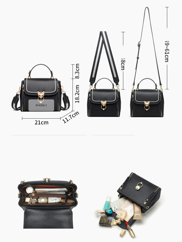 Women's split leather crossbody handbag in black, red or brown with zipper closure and large capacity