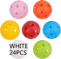 Multi-colour golf practice balls with 26-hole dimples, showing red, orange, blue, green, white, and yellow variants.