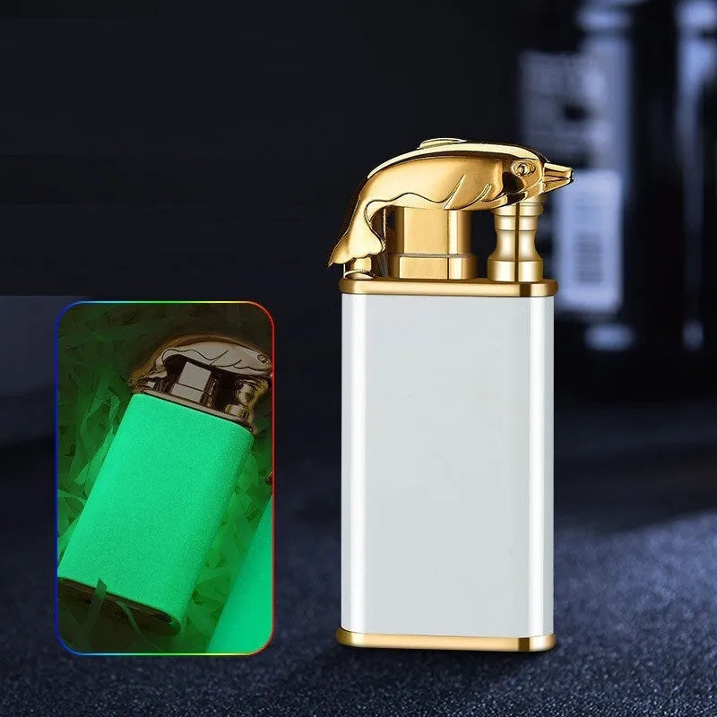 Creative blue flame lighter with windproof double fire and novelty dragon design, metal body