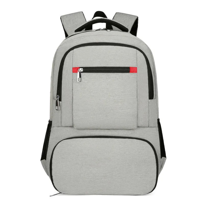 Insulated oxford cloth backpack in light grey showing curved shoulder straps and dry-wet separation compartment.