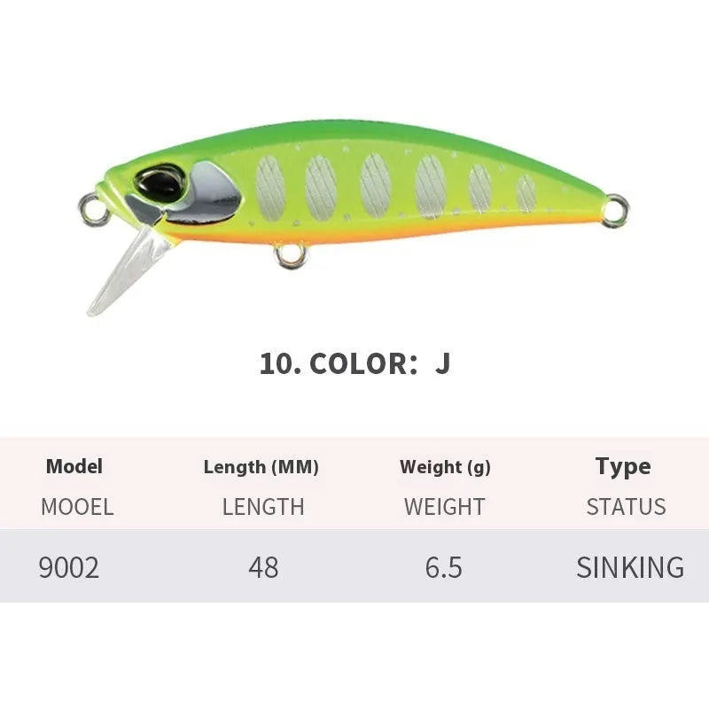 48mm mino fishing lure for snakehead and mandarin fish in various colours.