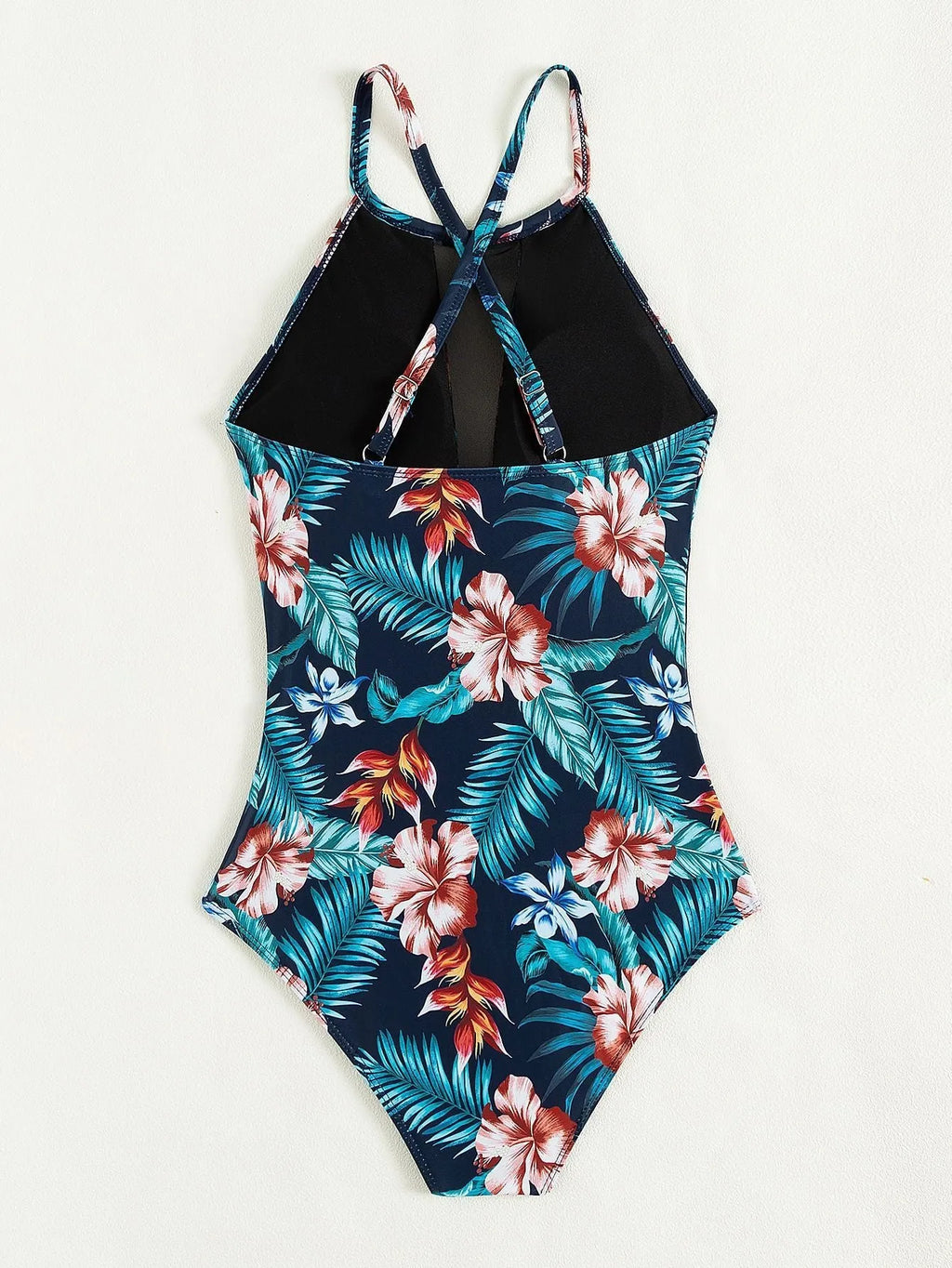 Women's deep V neck one-piece swimsuit on a hanger, showing solid colour or gradient print.