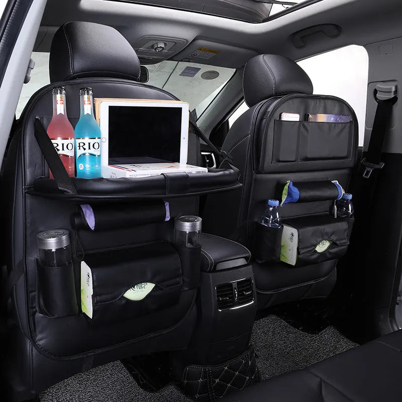 Leather car seat back hanging bag in classic style available in multiple colours for car storage organisation