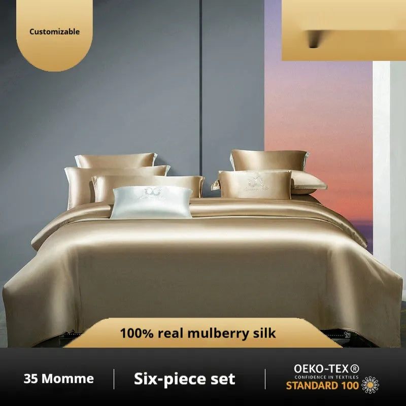 Silk four-piece bed set in a solid colour showing duvet cover and matching pillowcases.