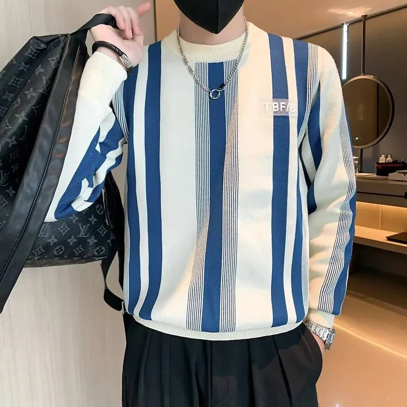 Blue and white contrast stripe loose fit pullover sweater with long sleeves, polyester blend fabric, sizes M to XXXL