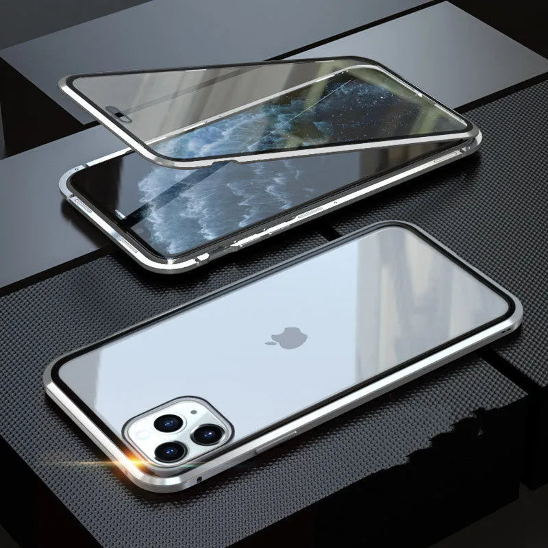 Closed black clamshell privacy case for iPhone showing front screen and sliding camera cover tabs.