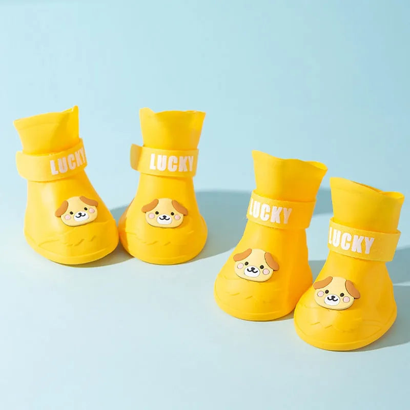 Waterproof anti-slip silicone pet rain boots, 4PCs, blue green pink yellow, sizes L to 5XL