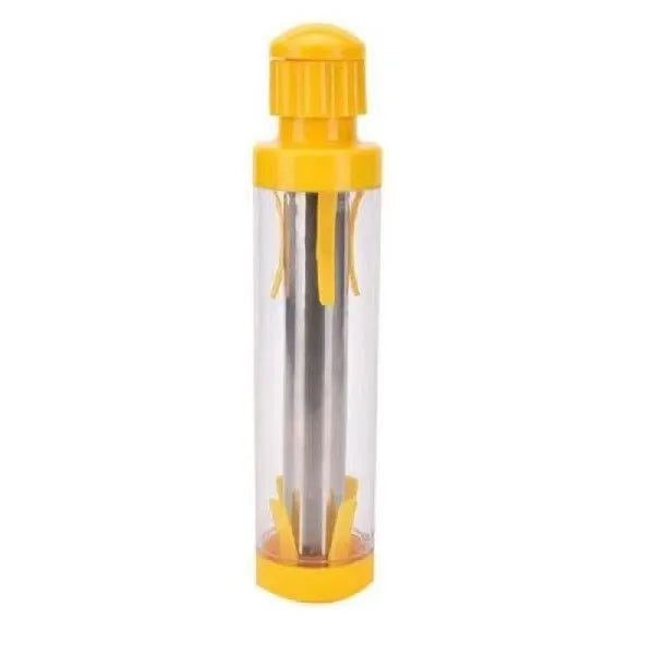 Yellow cylindrical corn stripper kitchen tool made from ABS plastic and stainless steel