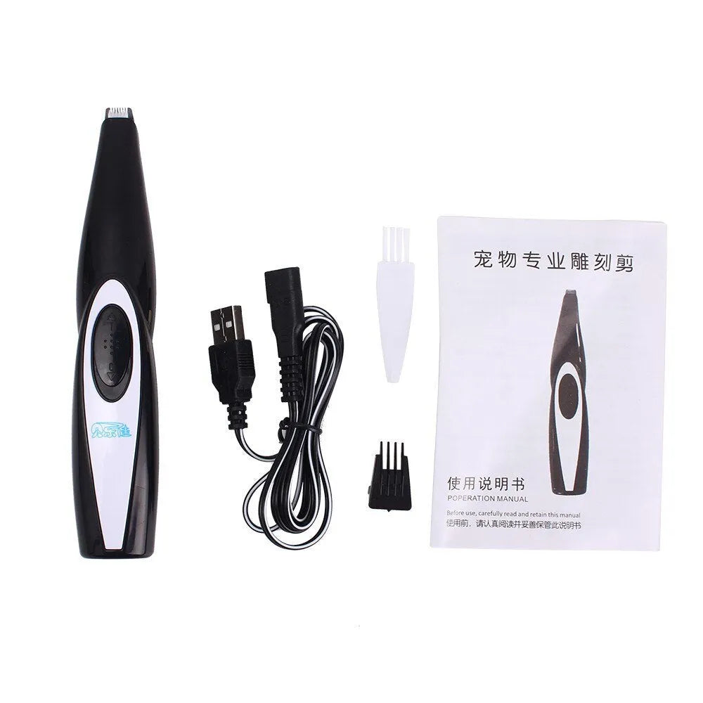 Black pet hair clippers with ceramic blade, ABS plastic body, USB charging, and 300mA current rating