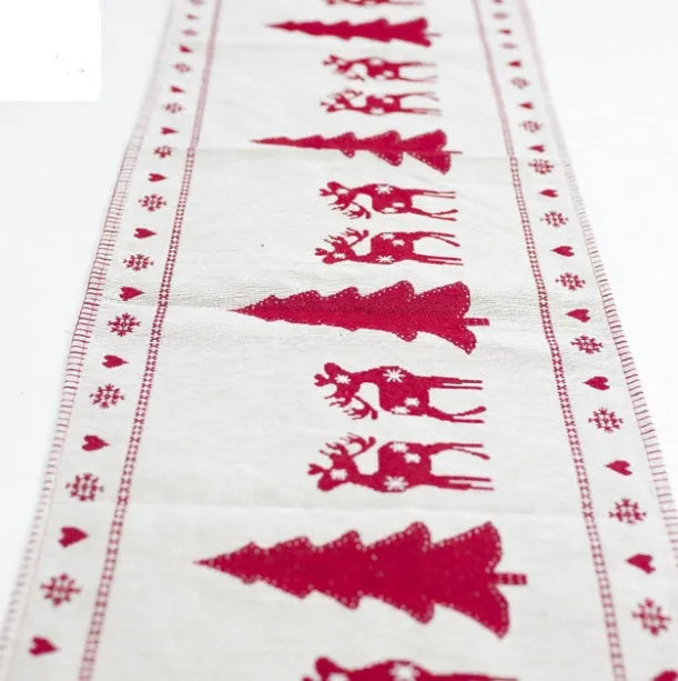 Christmas table runner with elk and snowman design on cotton linen fabric