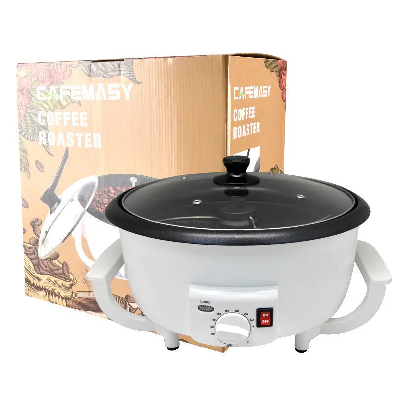 White oblate countertop coffee roasting machine with a 750g capacity for home use.