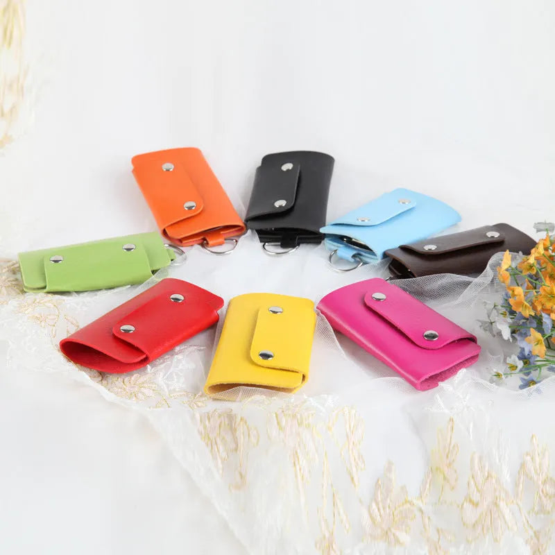 Colourful button closure PU leather key case in square vertical shape with soft plain finish