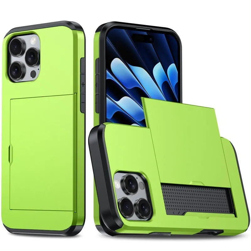 Two-in-one mobile phone case with sliding card holder for iPhone 16, TPU PC anti-drop protective case, available in Black