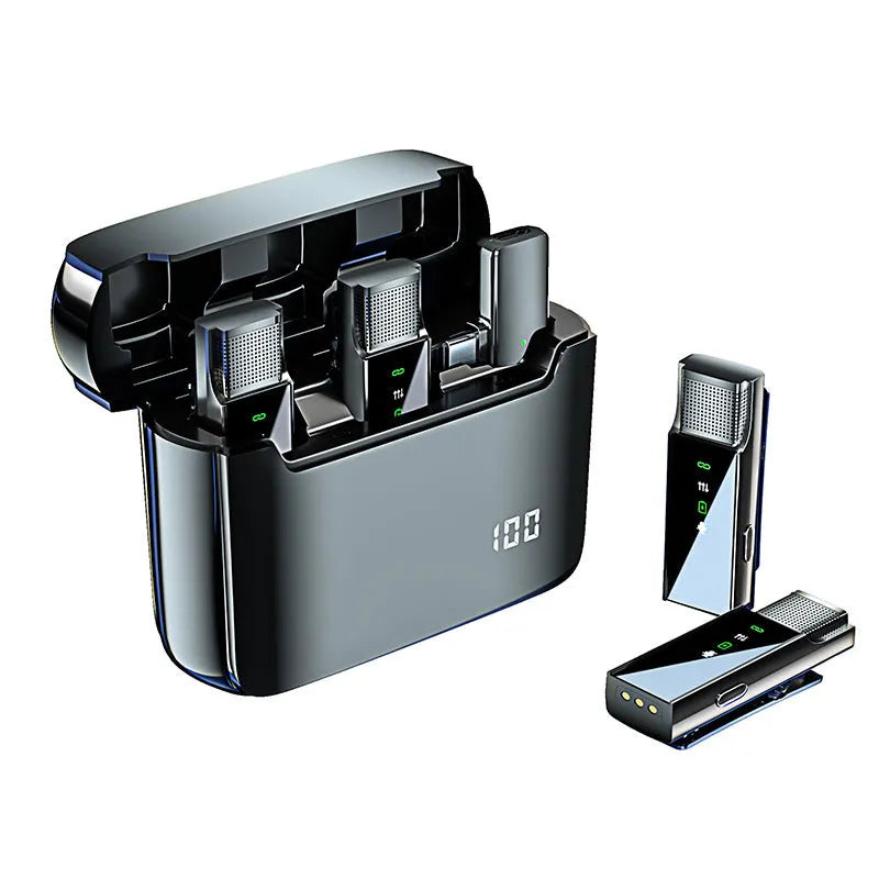 Wireless collar clip microphone set with charging bin, two transmitters, receiver, and data cable in black or yellow.