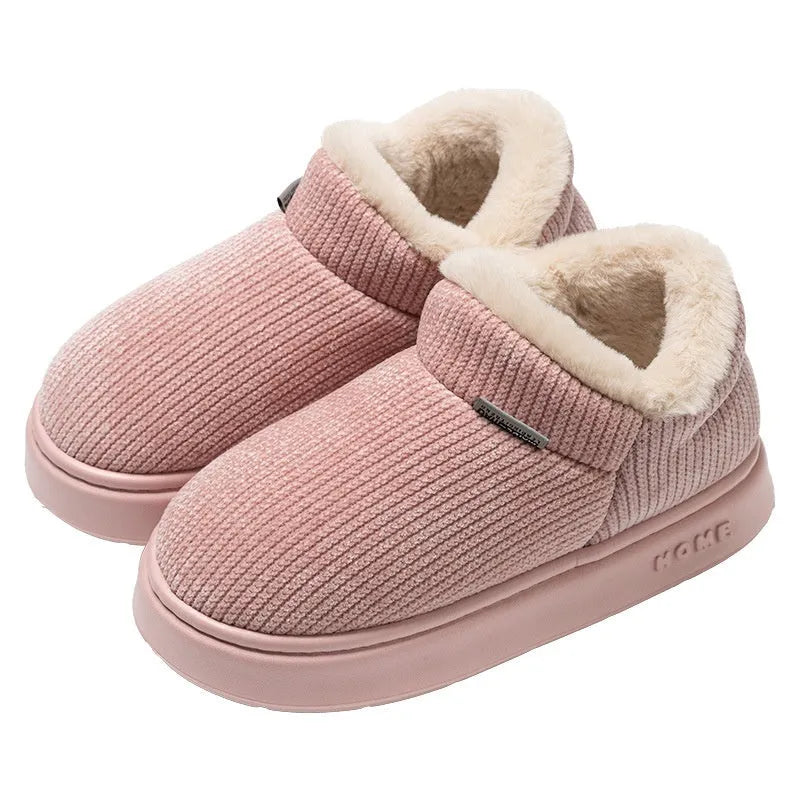 Women's ankle wrap cotton slippers in brown, plush upper, non-slip EVA sole, flat heel, round toe, indoor thermal shoes
