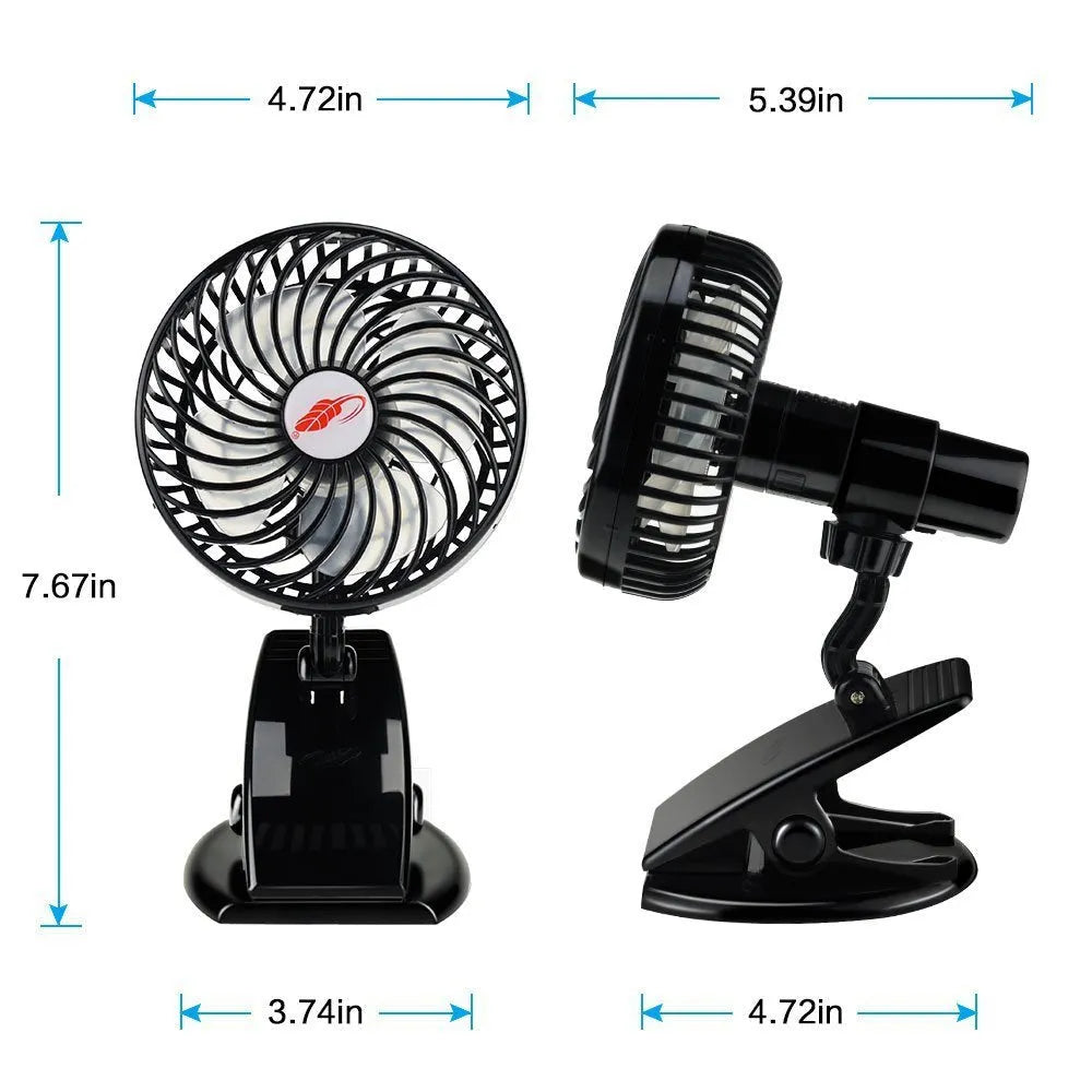 Mini clip fan with 360-degree adjustable head, 3 speeds, and rechargeable battery, shown in black.