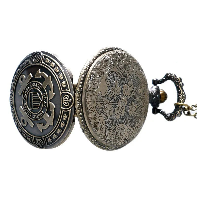 Bronze United States Coast Guard 1790 pocket watch with chain on light background