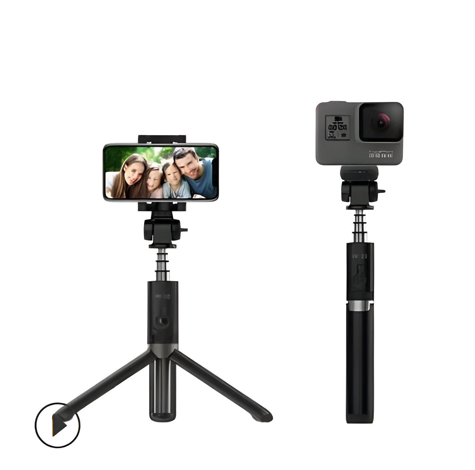Black Bluetooth selfie stick with extended tripod legs holding a smartphone