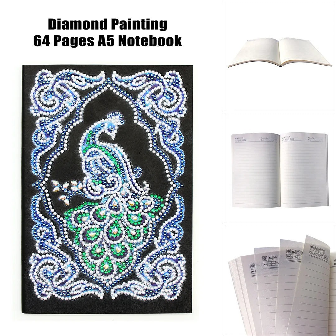 Peacock design diamond painting kit on a black A5 hardback notebook with drills and tools