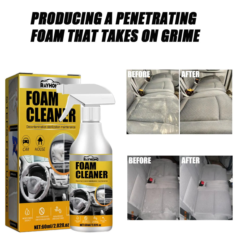 Car interior wash-free foamed cleaner 60ml bottle and foam sponge for upholstery and dashboard cleaning