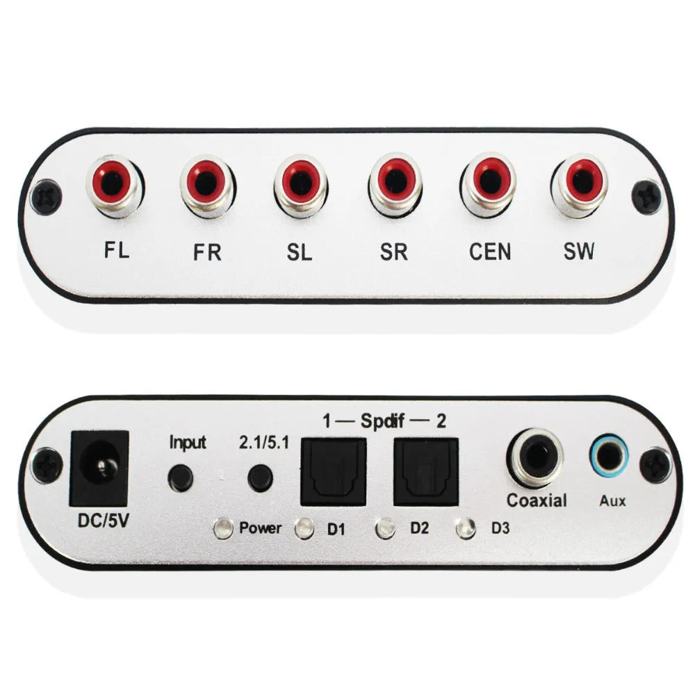 Black DTS Dolby Digital audio decoder unit with optical, coaxial, and stereo inputs for 5.1 channel analogue output.