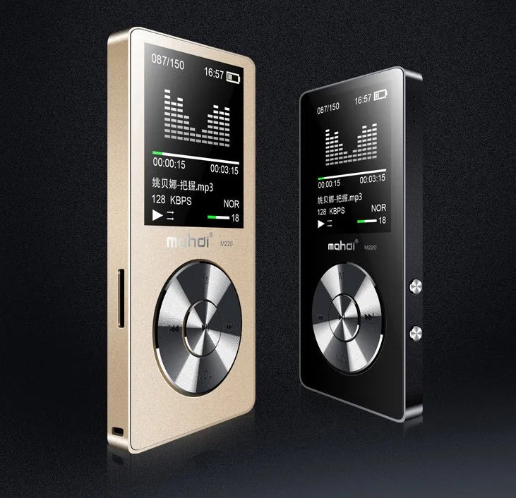 Gold, silver, and black all-metal MP3 player with 1.8-inch screen showing menu.